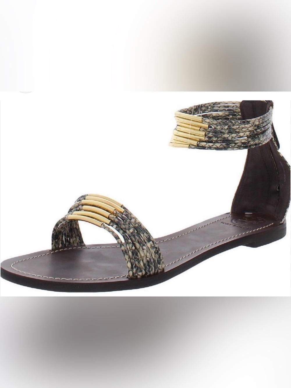 Tory Burch Braided Brown Leather Ankle-Strap Sandal with Gold Tubes